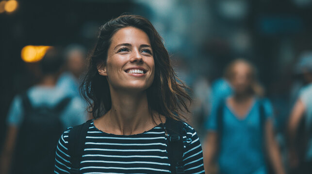 A beautiful woman with a radiant smile, dressed in a striped top, gazes upwards with a sense of hope and wonder amidst a bustling city crowd.