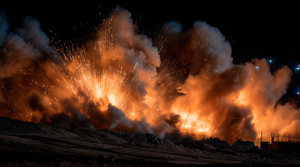 Massive orange explosion with smoky debris and sparks, high contrast lighting, dramatic impact scene illustrating sudden destructive change