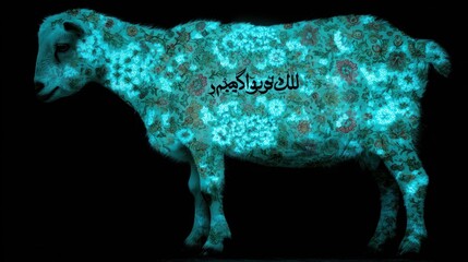 Illuminated domesticated animal displays intricate glowing floral patterns against a dark background