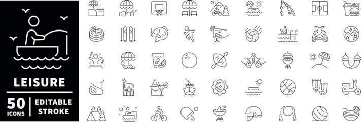 Leisure and outdoor icons set. editable line icons, outline, recreation symbols