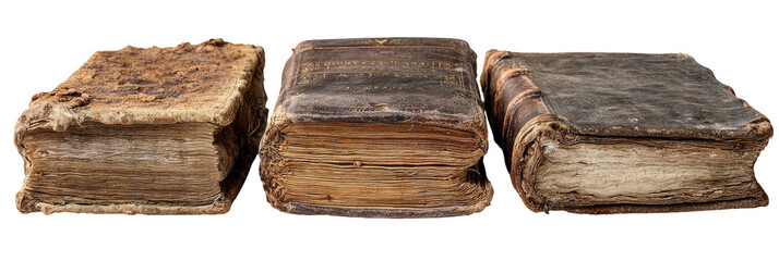Three antique, worn books side-by-side. Their aged covers show signs of extensive use and time