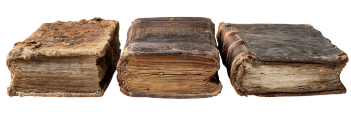 Three antique, worn books side-by-side. Their aged covers show signs of extensive use and time