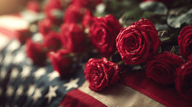 A poignant image displaying fresh red roses laid atop an American flag, symbolizing remembrance and respect, creating a touching visual tribute.