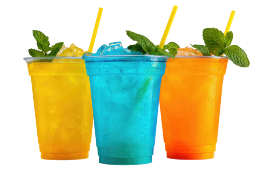 Three vibrant, chilled beverages in plastic cups with straws and mint garnishes