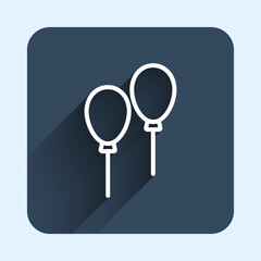 White line Balloons with ribbon icon isolated with long shadow background. Blue square button. Vector