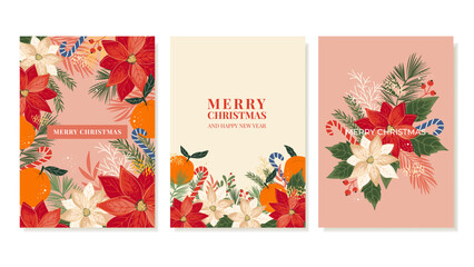 Set of Christmas cards with colorful illustrations of poinsettia flowers, tangerines, coniferous branches, sweet candies with a place for text. Vector templates for posters, banners, greetings