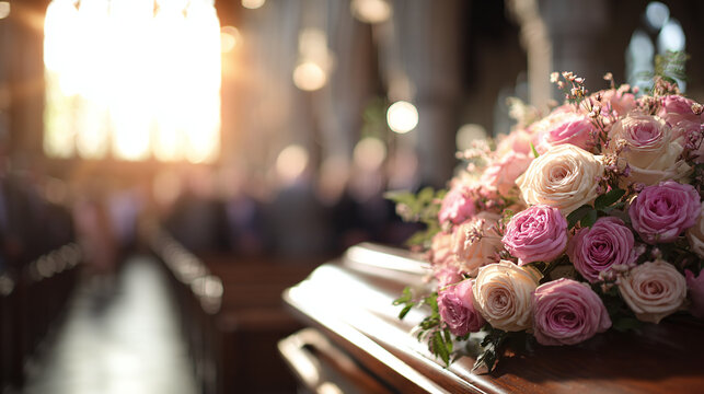 Close-up of a casket inside a church, adorned with pink and white roses, sunlight streaming through stained glass windows.