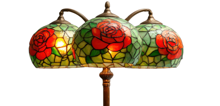 A three-light floral floor lamp with stained-glass shades displaying red roses, brass details
