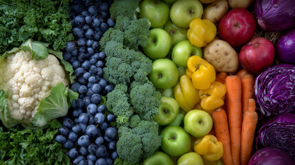 Top view of rainbow-colored fruits and vegetables in neat arrangement, horizontal composition for video or blog, showcasing organic and healthy lifestyle