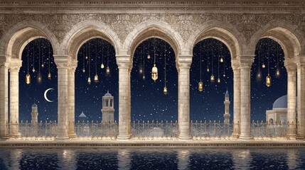 Ornate stone arches frame a nighttime scene featuring hanging lanterns and distant religious architecture under a starry sky