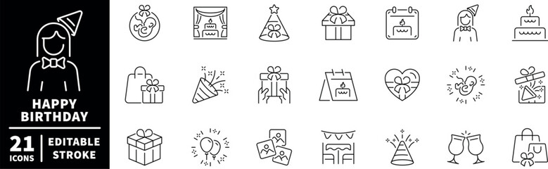 Birthday celebration icons set. editable line icons, linear party and festive symbols