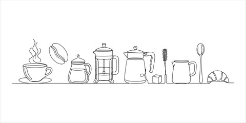 Coffee line art set with cup, French press, spoon, croissant, kettle, milk jug, and bean.