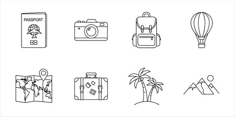 Travel line art set with passport, map, suitcase, camera, backpack, balloon, and mountains.