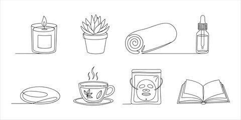 Self care line art set with candle, tea cup, towel, serum, soap, book, plant, and face mask.