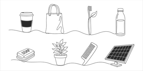 Eco-friendly lifestyle line art with cup, tote bag, soap, toothbrush, plant, and solar panel.