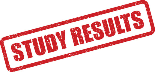 Textured red rectangle stamp with distressed finish displaying the phrase study results for academic and research documents or reports