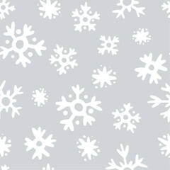 Vector hand drawn snowflakes Scandinavian seamless pattern. Christmas, new year, holidays white snow on grey background. Winter cute texture for print, design, fabric, decor, gift, wrapping paper.