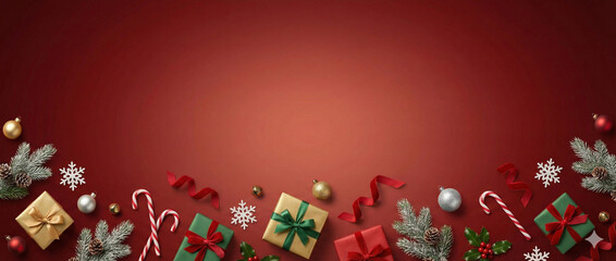Festive christmas decorations and gifts arranged on a deep red background