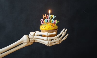 A skeleton hand offers a cupcake with a lit "Happy Birthday" candle against a dark backdrop