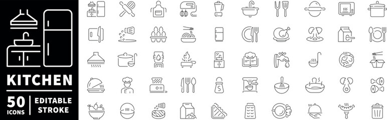 Kitchen icons set. editable line icons, outline, cooking and culinary symbols