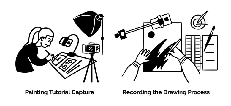 Cartoon Painting Tutorial Capture and Recoding Drawing Process Content Creation Scenes Concept Set Flat Design Style with Elements Thin Line. Vector illustration