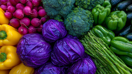 Overhead shot of colorful fresh fruits and vegetables in tidy horizontal layout, bright natural lighting, highlighting health, nutrition, and organic produce