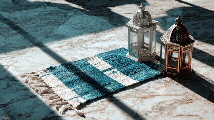 Ornate metal lanterns rest beside a striped prayer mat bathed in dramatic sunlight patterns on a polished stone floor.