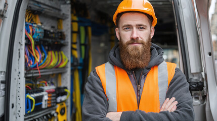 Confident electrician with beard stands beside a complex network setup in a work vehicle, wearing safety gear and ready to tackle tasks.
