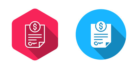 Filled and outline Contract money icon isolated with long shadow background. Banking document dollar file finance money page. Vector