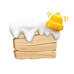 Vector cartoon 3d wooden rectangle plaque with snow cap and calling bell. Realistic 3d wood texture empty signboard with snowdrifts border top for game message notification sign, banner, menu, app.