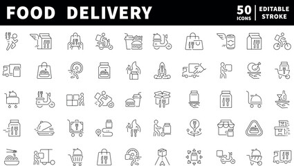 Food delivery icons set. editable line icons, outline, courier and logistics symbols
