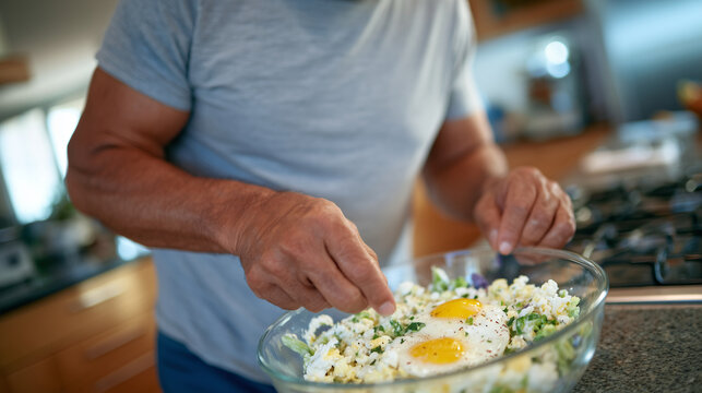 Man preparing a protein-rich breakfast with eggs and vegetables, bright kitchen, morning routine for wellness