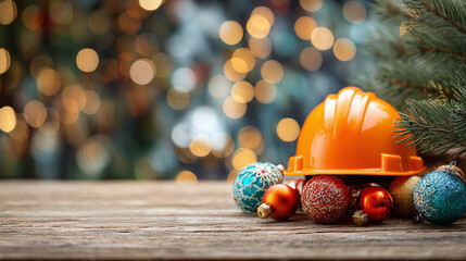 Festive construction: Safety helmet with Christmas ornaments. A unique twist on holiday decor for construction professionals.