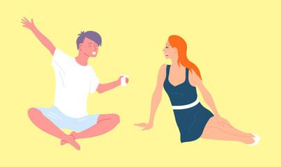 Cartoon Color Characters Couple Spends Time Together Rest Concept Flat Design Style. Vector illustration