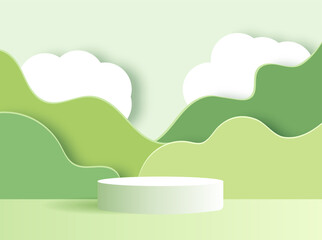 Paper cut background with green nature, white clouds and white cylinder podium. Vector illustration