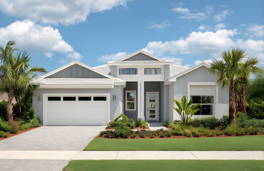 Architectural Photo of Small Florida Single-Family House with Light Green Trim, Dark Gray Stucco, Driveway, Garage, and Coconut Tree in Front Yard