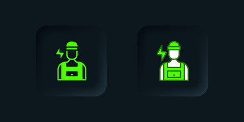 Green Electrician technician engineer icon isolated on black background. Black square button. Vector