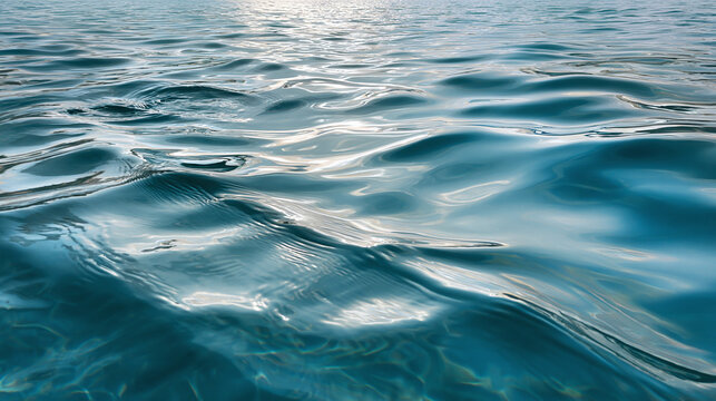 Gentle waves ripple across a serene expanse of water, their teal hues catching the light and reflecting the sky above. Peaceful scene.