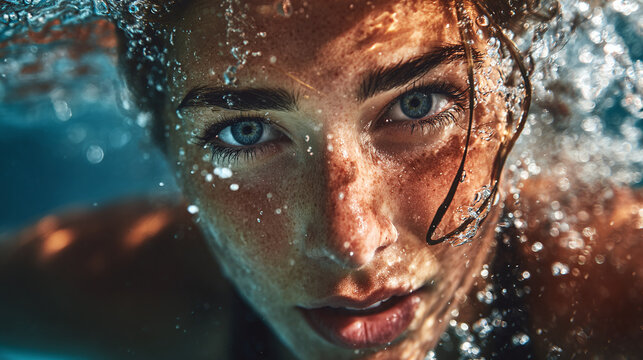 A captivating underwater portrait showcasing a woman's face adorned with water droplets, capturing a moment of serene beauty beneath the surface.