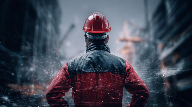 A construction worker in safety gear stands with back to the camera against a blurry construction site background under a network overlay.