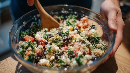 Close-up of hands mixing quinoa salad with fresh vegetables, top-down view, healthy meal preparation