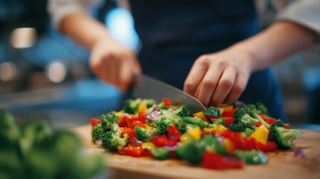Close-up of hands chopping colorful vegetables on wooden board, preparing fresh salad, healthy cooking focus