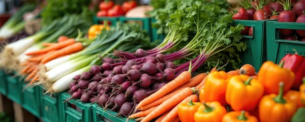 Sierkussen Restaurant Variety of fresh organic vegetables arranged on market stall. Colorful carrots beets leeks bell peppers and tomatoes offered for sale. Healthy food choice.  © miss irine