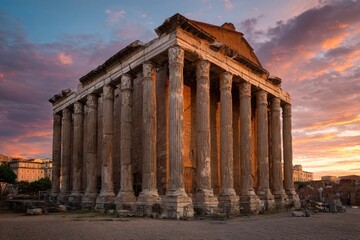 Obraz premium Ancient Temple of Antoninus and Faustina in Roman Forum at Sunset.