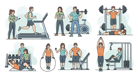 Fitness and wellness routine people exercising in gym and performing various workout exercises like cardio weightlifting and strength training