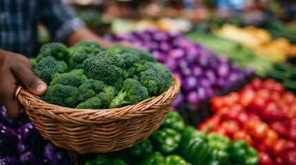 Close-up of hands arranging fresh vegetables in basket, vibrant market scene, promoting farm-to-table healthy lifestyle