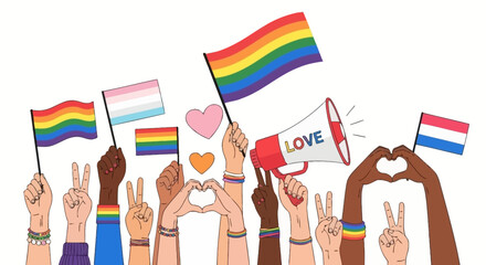 A diverse community celebrating LGBTQIA+ pride with rainbow flags, peace signs, and symbols of love and unity