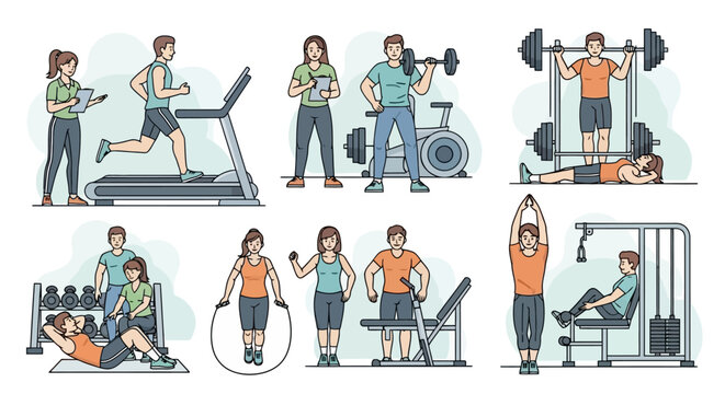 Fitness and wellness routine people exercising in gym and performing various workout exercises like cardio weightlifting and strength training