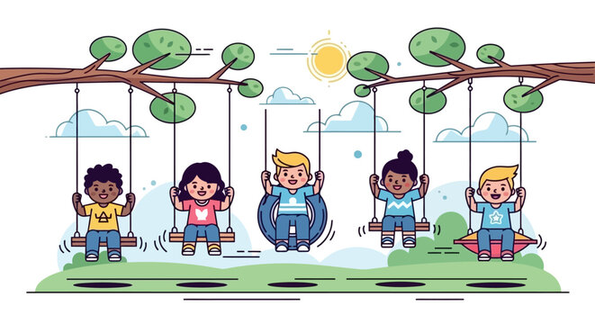 Cheerful illustration of diverse children happily swinging on tree swings in a sunny park, celebrating multicultural friendship and the joyous spirit of outdoor childhood play