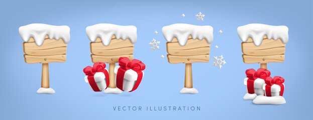 Vector cartoon 3d winter wooden sign post set. Realistic 3d wood plaque with snow cap and snowflakes and Christmas gifts collection on blue background for game, ad message sign, app, New Year banner.